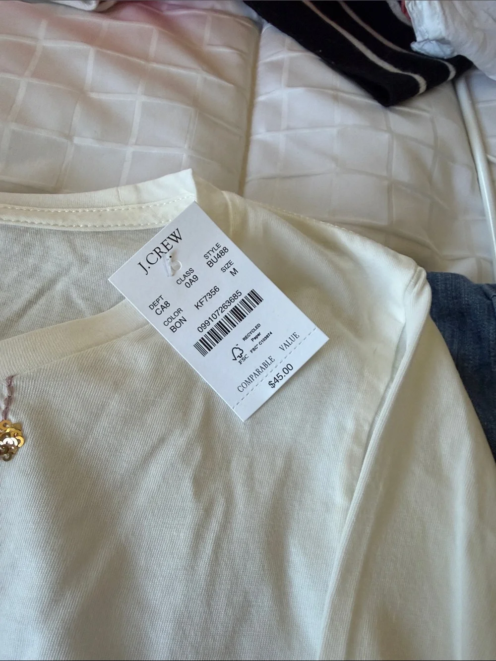 J. Crew Cream Long Sleeve Tee with Sequin Ornament Embellishment